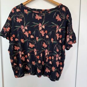 Loft | Navy Floral Linen Short Ruffle Sleeve Top